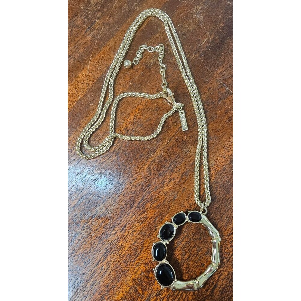 WHBM Gold Tone Long Necklace Jet Black Stone Open Pendant 32"